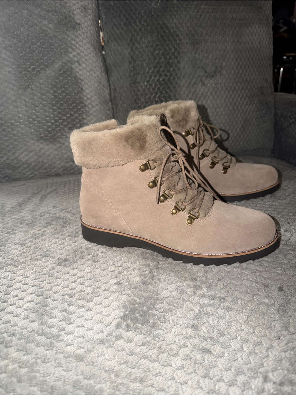Blondo Taupe Faux-Suede Lace-Up Ankle Boots with Faux-Fur Collar waterproof